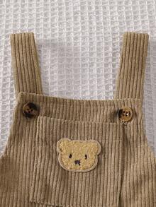 SHEIN Playful Pals 男嬰 0-3 歲 春/秋 卡其色字母刺繡裝飾燈芯絨嬰兒連身褲 適合外出、購物、生日派對 - 卡其色 - 查看 7