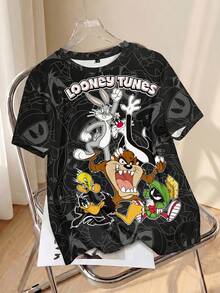 LOONEY TUNES X SHEIN تي شيرت بطبعة كاملة بياقة مستديرة وأكمام قصيرة مقاس كبير بتصميم بسيط - أبيض - مشاهدة 1