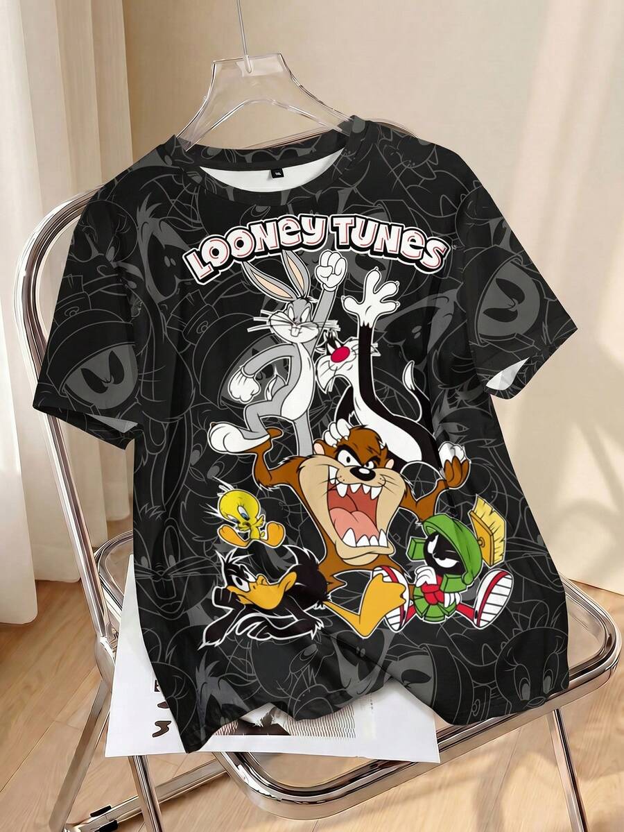 LOONEY TUNES X SHEIN تي شيرت بطبعة كاملة بياقة مستديرة وأكمام قصيرة مقاس كبير بتصميم بسيط - أبيض - مشاهدة 1