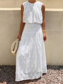 DAZY Women's Vacation Embroidered Round Neck Camisole And Mini Skirt 2 Pieces Set, Spring/Summer - White - View 7