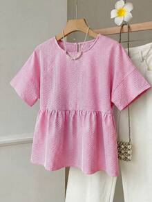 SHEIN EZwear 大尺碼女款圓領條紋百褶休閒百搭日常出遊襯衫 - 粉色 - 查看 7