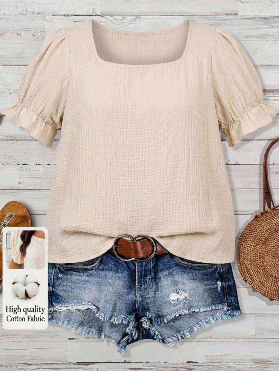 SHEIN VCAY 100%纯棉加大码纯色方领休闲时尚短袖衬衫 - 杏色 - 查看 1