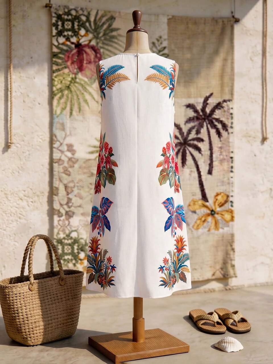 Plus Size Women's Tropical Plant Print Round Neck Casual Sleeveless Vacation Dress