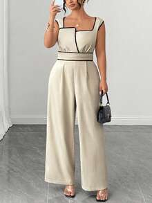 Linhara CURVE Plus Size Long Sleeve Contrast Trim Waist Cinched Long Jumpsuit For Women - Khaki - View 4