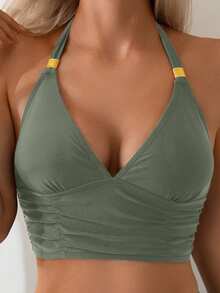 Swim Lushoire 女款小方金屬肩帶掛脖繫帶比基尼上衣 - 軍綠色 - 查看 5