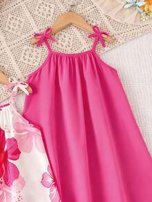 SHEIN Playful Pals 少女 2件/組 波希米亞休閒多彩扶桑花印花蝴蝶結肩帶 A字版型柔軟洋裝，充滿夏日活力與青春氣息，適合外出與夏季度假 - 彩色 - 查看 6