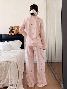 Napfluff Heart Stripe Bubble Crinkle Frill Trim Collar Open Front Pajama Set - Multicolor - View 2