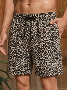 Azuldrift Men's Leopard Print Drawstring Waist Casual Beach Shorts Holiday / Vacation / Beach / Hawaii / Tropical / Swim /  Bathing - Coffee Brown - View 2