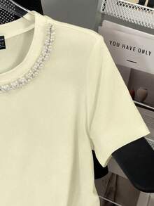 EMERY ROSE Women's Round Neck Embellished Chain Design Short Sleeve Casual T-Shirt, Summer Pearl T-Shirt, Bling Top - Apricot - View 4
