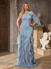 Aureia Plus Size Elegant Romantic Dusty Blue One Shoulder Asymmetric Neckline 3D Floral Fitted Bodycon Ruched Flared Ruffle Hem Dress Formal Wedding Guest - Blue - View 8