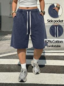 Muchica Plus Size Summer Casual Sports Shorts With Drawstring Waist And Slant Pockets - Blue - View 1