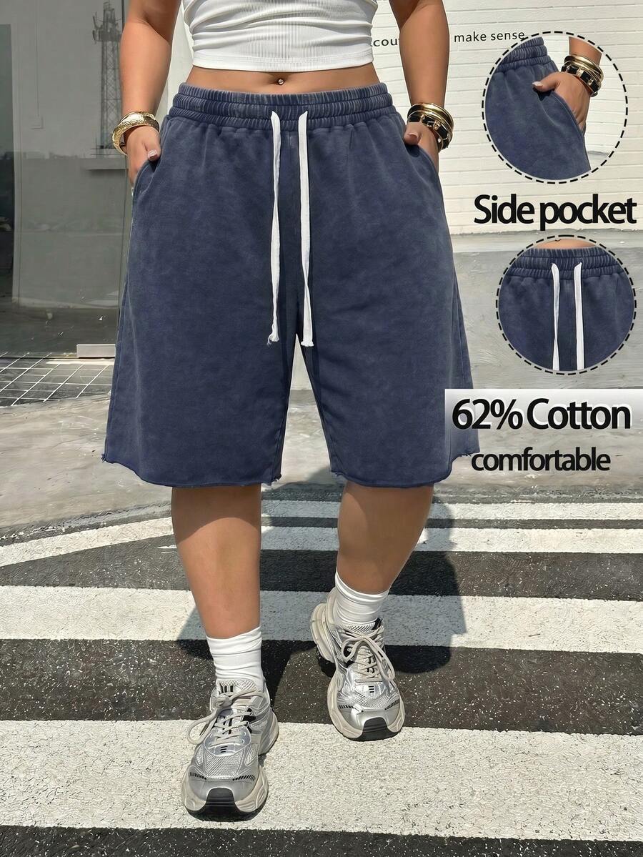 Muchica Plus Size Summer Casual Sports Shorts With Drawstring Waist And Slant Pockets - Blue - View 1