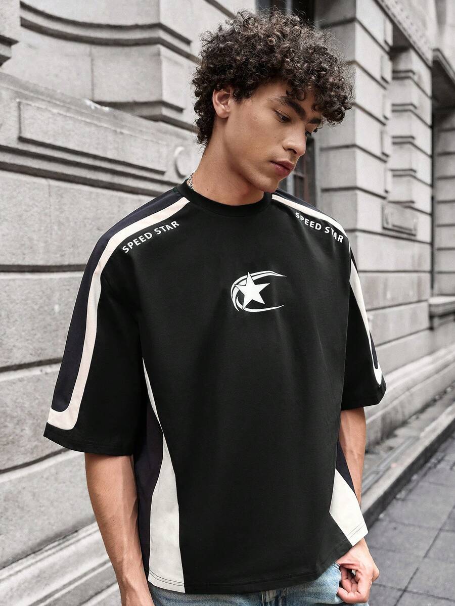 SWAVVY 男士針織時尚休閒年輕寬鬆拼接短袖T恤 - 黑色 - 查看 1