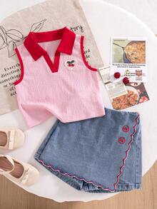 SHEIN Playful Pals 2件組 青少年女孩夏季新款針織紋理布料麵條領夾扣式紅色前片 3D櫻桃愛心裝飾無袖Polo上衣 牛仔裙褲 前片裙褲設計 波浪邊 紅櫻桃刺繡 簡約百搭優雅時尚休閒套裝 - 彩色 - 查看 1