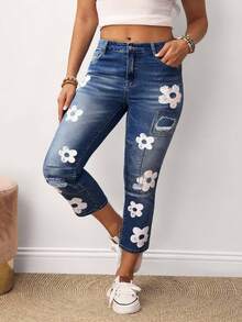 EMERY ROSE Plus Size Women's Floral Print Pocket Tight Distressed Fashion Jeans - Dark Wash - View 4