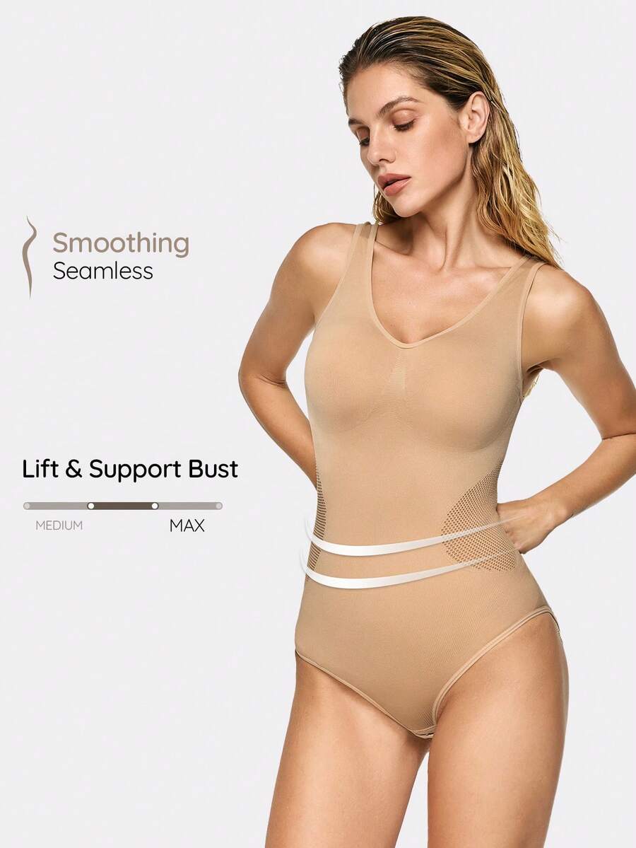 SHAPORA Women's Solid Color V-Neck Shapewear Jumpsuit - Apricot - View 1