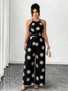 SHEIN LUNE CURVE Plus Size Women's Elegant Spaghetti Strap Printed Pattern Jumpsuit Suitable For Vacation Beach Black Summer - Black - View 5