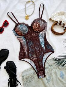 Soleia (No Chest Padding)Plus Size Sexy Leopard Print Lace Trim Underwire Bodysuit - Multicolor - View 1