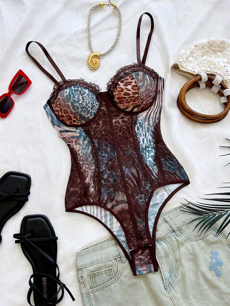 Soleia (No Chest Padding)Plus Size Sexy Leopard Print Lace Trim Underwire Bodysuit - Multicolor - View 1