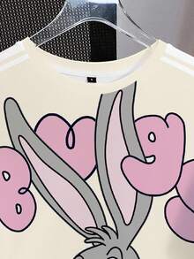 LOONEY TUNES X SHEIN 女款圓領卡通印花休閒街頭風可愛百搭日常夜店出遊T恤 彩虹 夏季 校園 米色 - 白色 - 查看 4