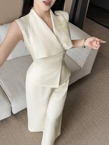 Feyla New Arrival Summer Collared Embroidered Cinched Waist Elegant Casual Business Commuting Versatile 2 Pieces Set Office Brunch Beige Pastel - Apricot - View 8