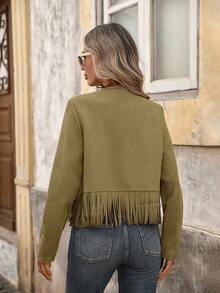 Brillora Women's Solid Color Tassel Design Casual Versatile Daily Outing Open Front Long Sleeve Jacket - Green - View 2