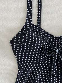 Swim Lushoire 女款波點兩件式坦克尼泳衣套裝，復古優雅可愛黑白波點細肩帶前綴蝴蝶結飄逸裙擺，海灘夏季款 - 黑與白 - 查看 5
