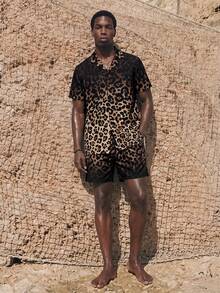 Palasendo 2pcs Set Men's Ombre Leopard Print Casual Oversize Full Print Short Sleeve Shirt & Matching Shorts - Multicolor - View 3