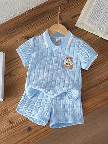 Souflis Souflis 男嬰夏季休閒套裝兩件組 熊刺繡 Polo 短袖上衣與短褲 - 藍色 - 查看 1