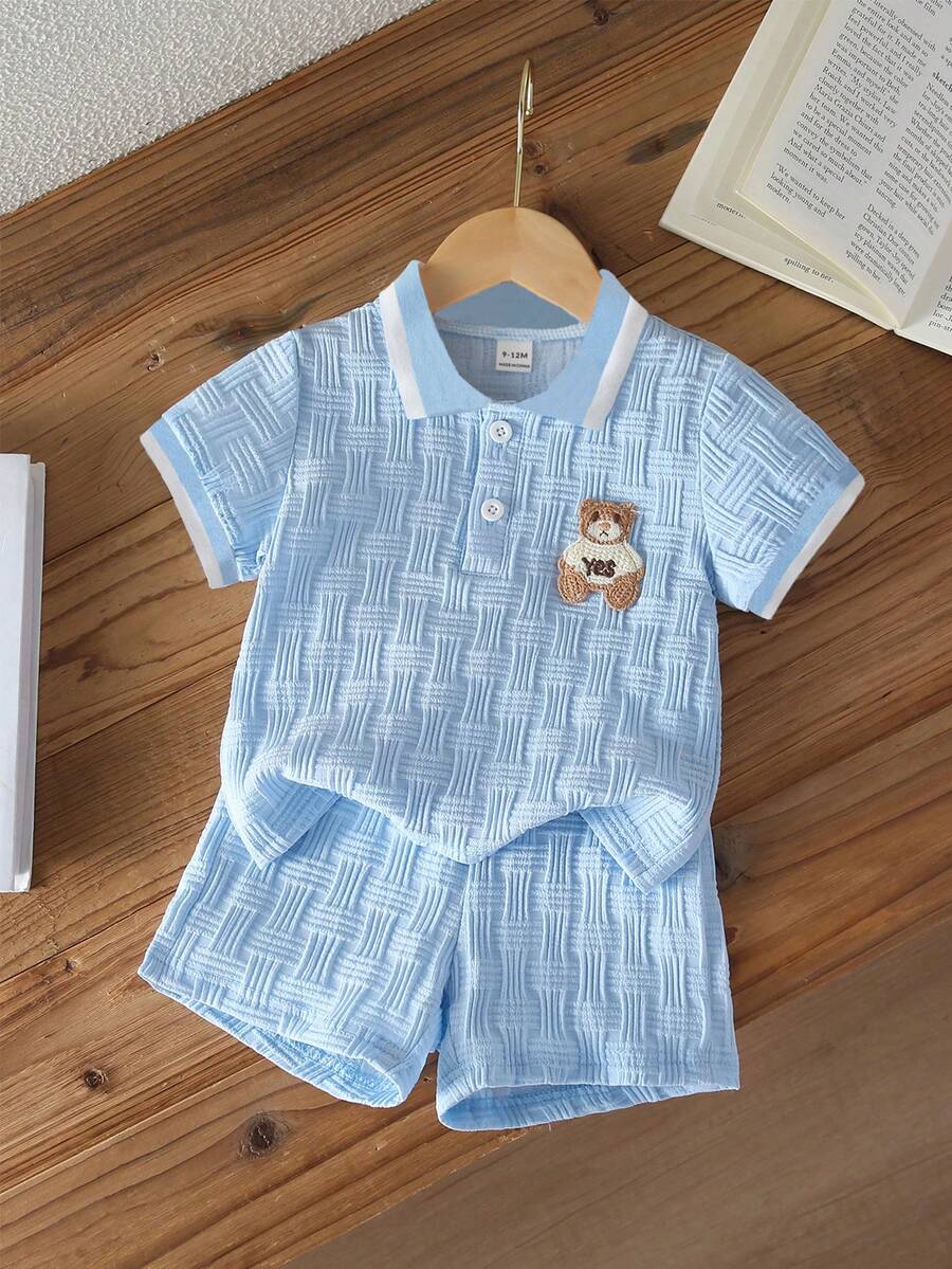 Souflis Souflis 男嬰夏季休閒套裝兩件組 熊刺繡 Polo 短袖上衣與短褲 - 藍色 - 查看 1