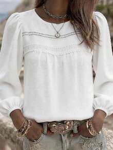EMERY ROSE Women's Casual And Elegant Minimalist Textured Fabric Round Neck Long Sleeve Blouse,Fall And Spring Vcation T-Shirt - White - View 2