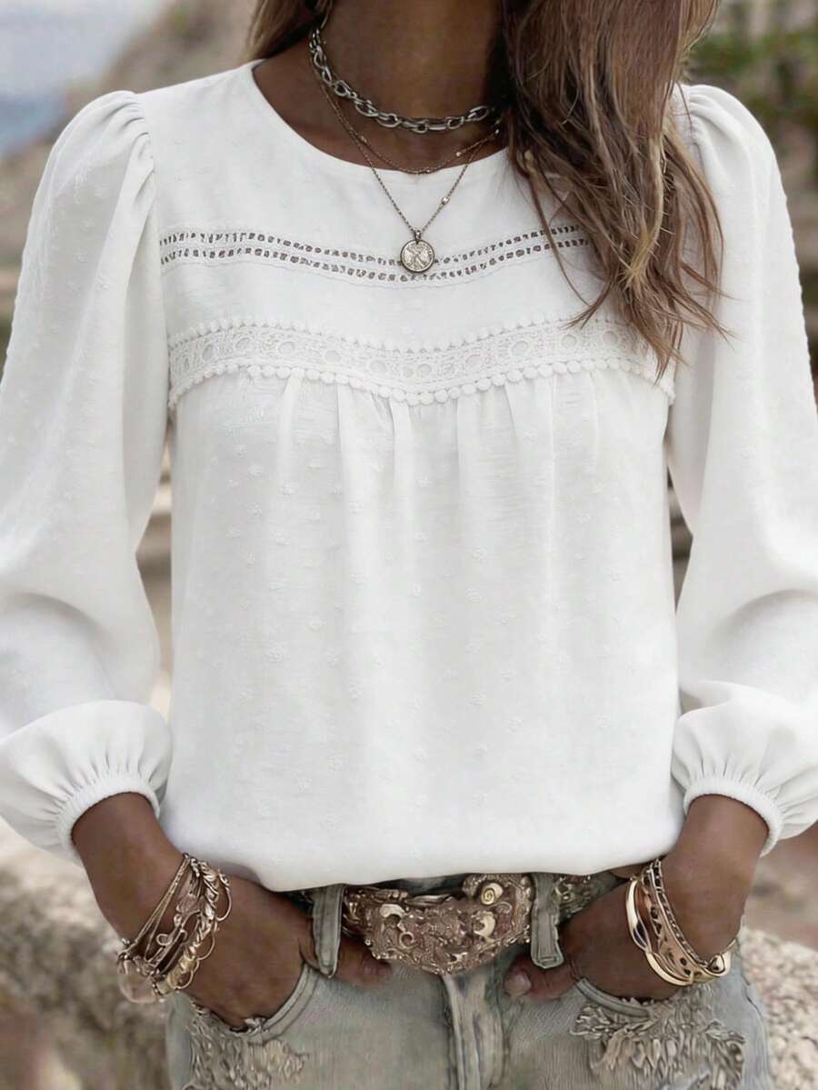 EMERY ROSE Women's Casual And Elegant Minimalist Textured Fabric Round Neck Long Sleeve Blouse,Fall And Spring Vcation T-Shirt