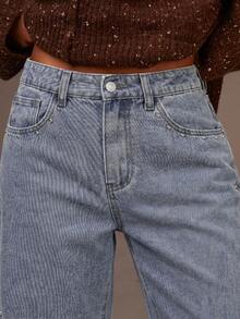 Athîral Denim 女款鉚釘設計口袋直筒寬鬆休閒牛仔長褲 - 藍色 - 查看 6