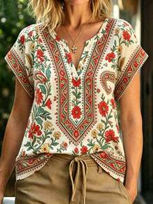 Linhara Plus Size Women's Retro Boho Beige Geometric Print V-Neck Short Sleeve Blouse,Vintage Floral Summer Vacation Holiday Casual Loose Top New Arrival - Multicolor - View 3