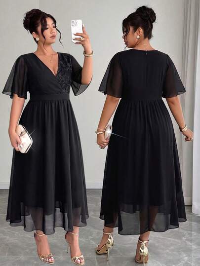 Elenzga Plus Size Women's Spring Dress Chiffon Patchwork Lace Elegant Short Sleeve Dress  Summer Spring Wedding Guest Party