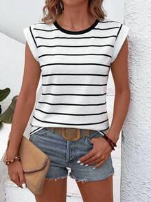 GlowEve New Spring And Summer Fashionable And Simple Black And White Striped Round-Neck Short-Sleeved T-Shirt - Multicolor - View 6