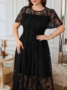 Modelyn Black Lace Short Sleeve Urban Sexy Elegant French Romantic Fitted Bodycon Plus Size Women's Dress - Black - View 7