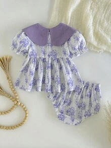 Loomiva 女嬰花卉印花圓領泡泡短袖蝴蝶結大領上衣＋鬆緊腰短褲 2件組套裝 - 彩色 - 查看 2