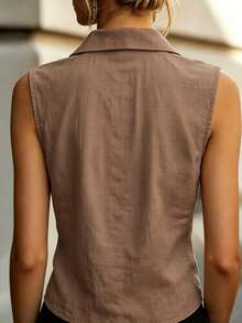 SHEIN Sleeveless Collared Shirt, Pleated Design To Flatter Shoulder And Neckline, Pearl Button Accents, Elegant And Professional, Suitable For Commuting Or Daily Wear - Brown - View 2