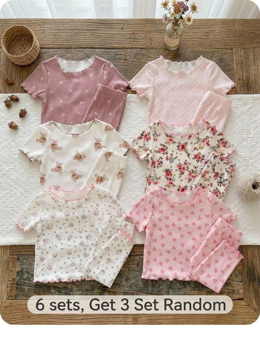 SHEIN 女婴圆领荷叶边短袖上衣和裤子睡衣套装 - 彩色 - 查看 1