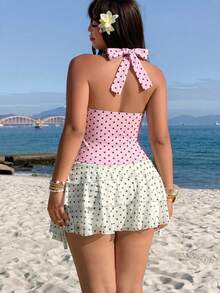 GalTyme Light Pink Polka Dot Print Halter Neck Plus Size Tank Top - Baby Pink - View 2