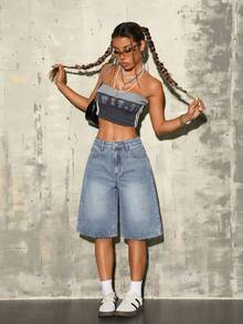 Teen Girls Blue Denim Loose Capri Pants - Light Wash - View 6