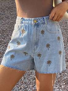 Livesso Embroidered Frayed Hem Women's Denim Shorts - Blue - View 6