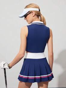 CourtClass CourtClass 女款高爾夫套裝，無袖V領翻領高腰百褶迷你裙，對比色休閒顯瘦戶外運動套裝 - 藏蓝色 - 查看 2