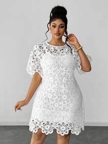 Maweii Plus Size Solid Color Hollow Round Neck Short Sleeve Dress - White - View 4
