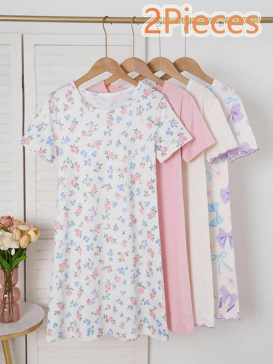 青少年女孩休閒圓領短袖洋裝家居服 - 彩色 - 查看 1