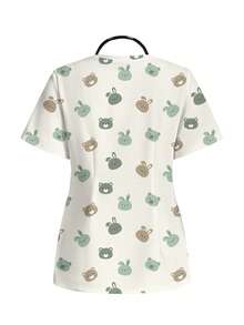 PopScrub Women's Scrub Top With Cute Rabbit And Bear Print Pattern, Suitable For Children's Hospital, Pet Hospital - Multicolor - View 2