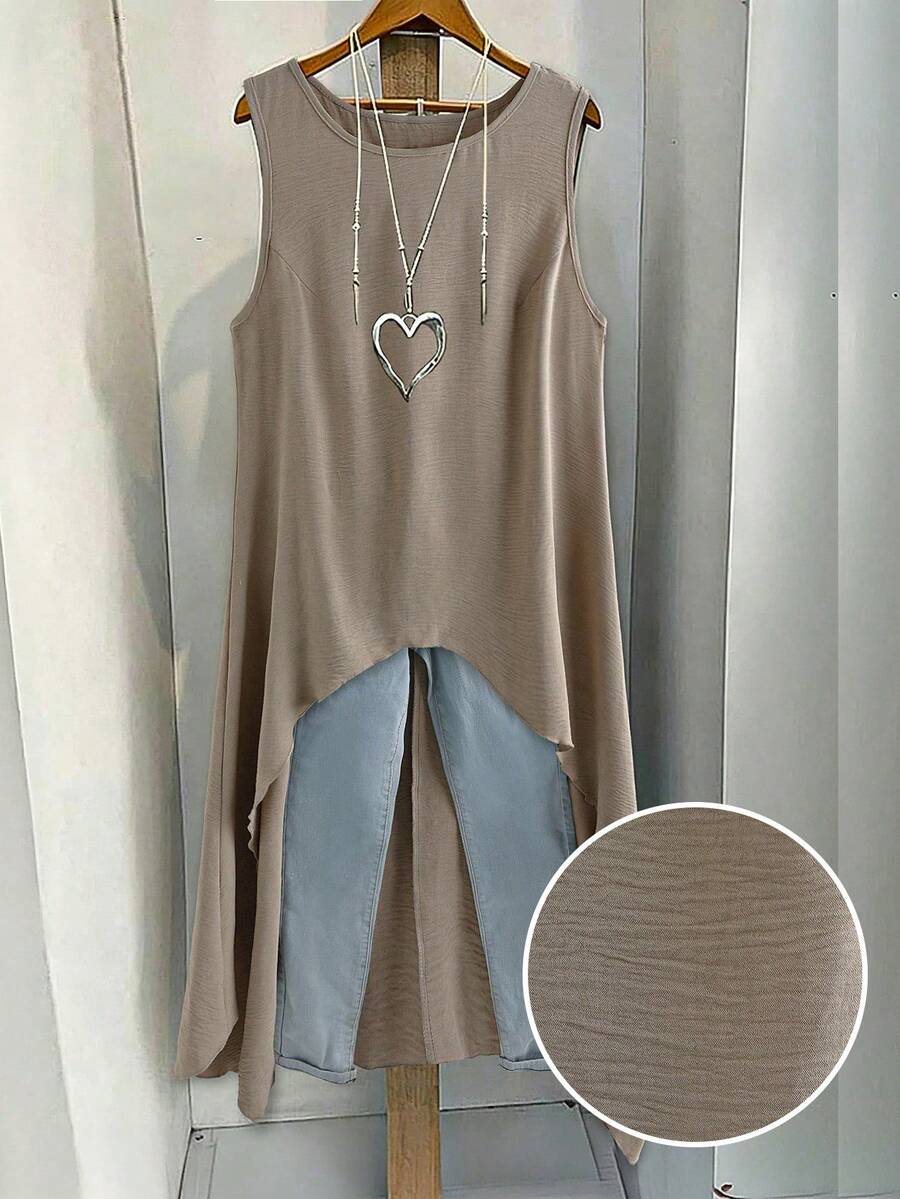 EMERY ROSE Plus Size Women's Solid Color Round Neck Sleeveless Asymmetrical Hem Casual Shirt - Dark Grey - View 1