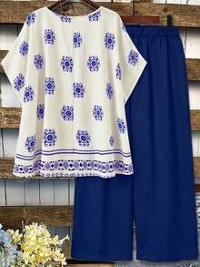 Linhara Plus Size Printed Bat-Sleeved Top And Wide-Leg Pants 2pcs/Set, Women's Summer Outfit ,Vacation Set - Blue - View 2