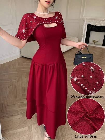 Modelyn Women's Lace Diamond Embroidery Tiered Hem Dress, Waist-Defining A-Line Dress, Elegant Sexy Charming, Suitable For Vacation, Dating, Daily Wear